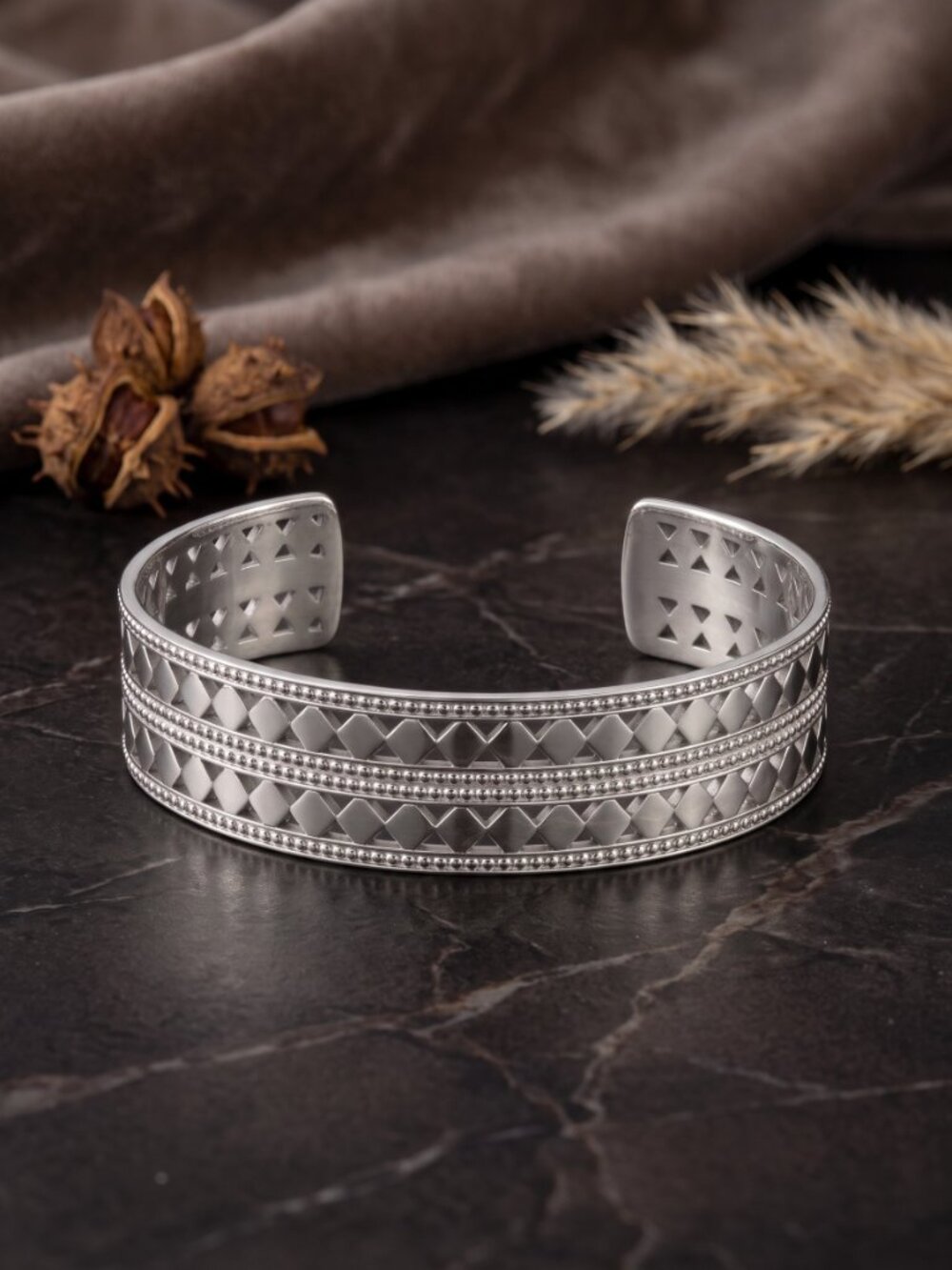 Wide Geometric Cut Out Open Cuff Bracelet Art Deco Beaded Border Silver 2.2"